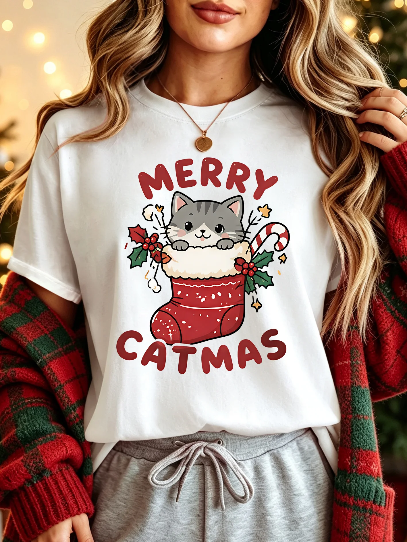 Merry Catmas Cat In Christmas Stocking Womens Crew Neck Short Sleeve T Shirt Candy Cane Holly Cute Xmas Graphic Tees For Ladies