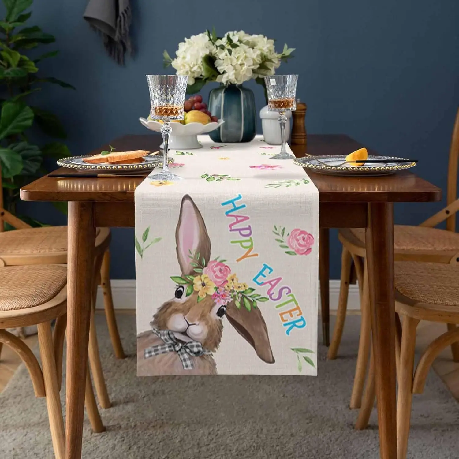 Easter Bunny Rabbit Bow Tie Linen Table Runner Party Decor Spring Farmhouse Kitchen Dining Table Runner Easter Decorations