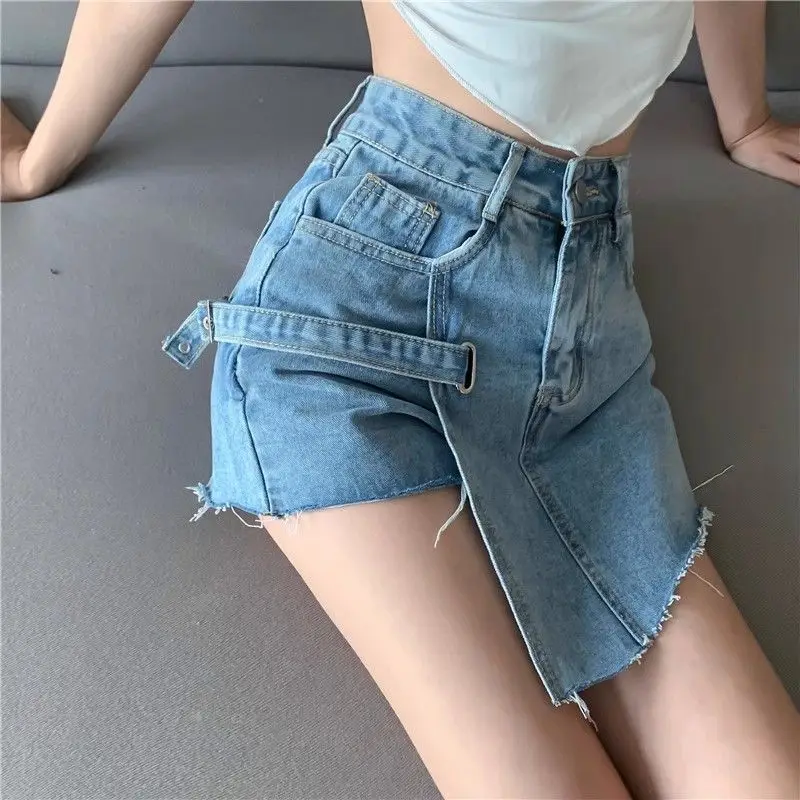 

2024 Summer Misplaced Slim Ragged Edge New Irregular Design High Waist Denim Short Skirt Pants Sexy Spicy Girl