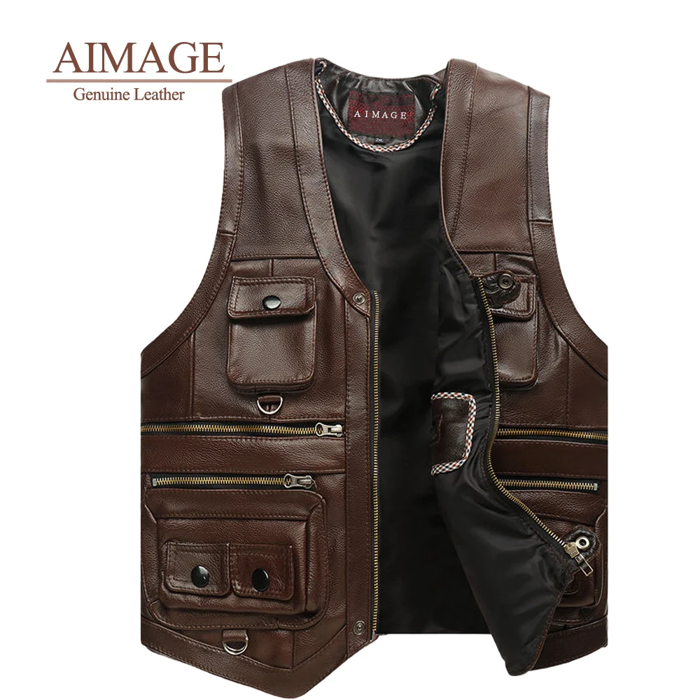 Men natural fur leather coat winter Cowhide Genuine Leather Vest Motorcycle Mens Fit Real Brown Cow Leather Waistcoat Bikers