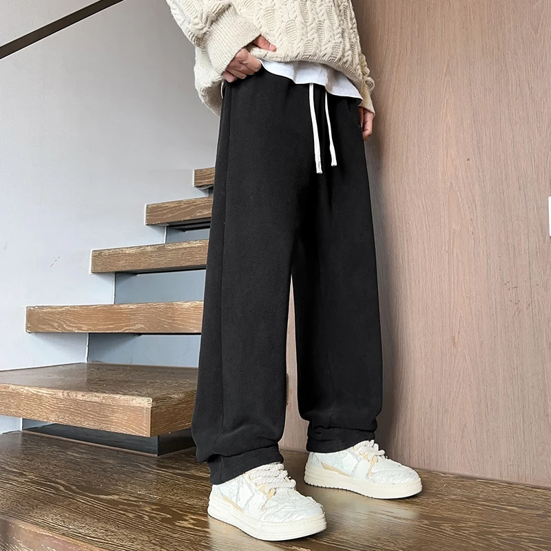 New Winter Fleece Outdoor Wide Leg Men Trousers Velvet Lining Sweatpants Neutral  Solid Color Baggy Thickened  Loose Cargo Pants