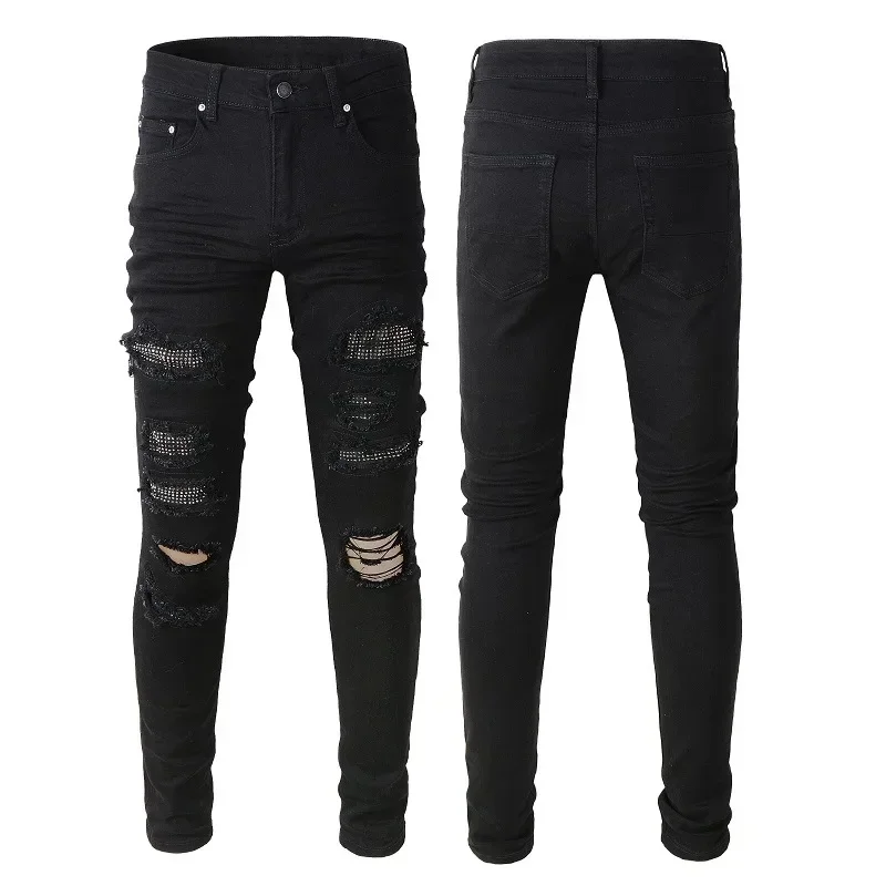 

European and American Individuality High Street Fashion Trendy Men Jeans, Ripped Diamond-Studded Slim Fit Elastic Slimming Jeans