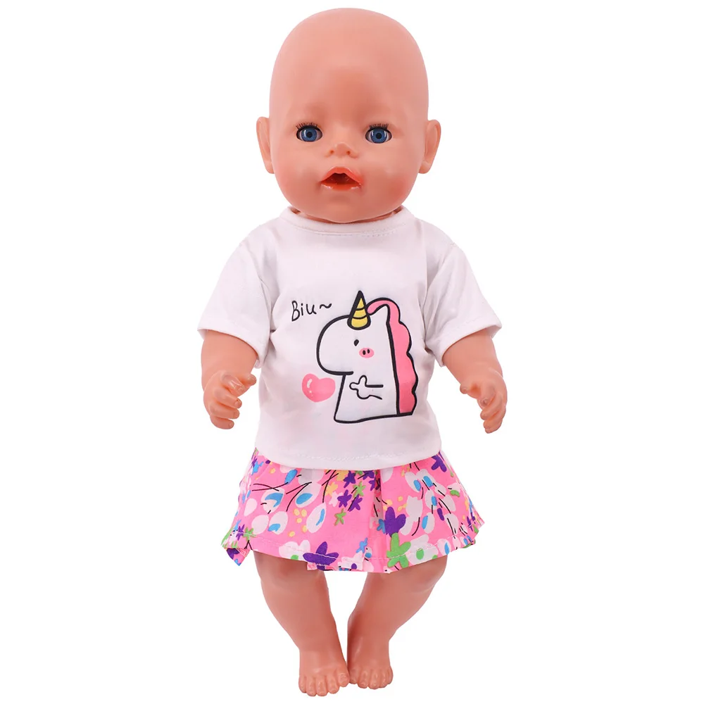 For 43Cm Baby Reborn Doll Clothes 18inch American Dress Accessories Cute Print T-shirt Pleated Skirt Baby Girl's OG Dolls Gifts