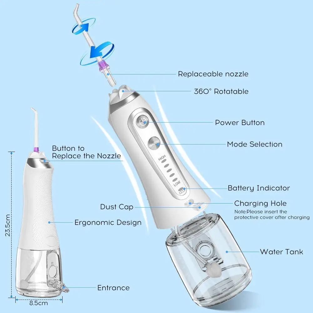 RONSIT 5 Modes Portable Oral Irrigator 300ml Dental Water Flosser Jet USB Rechargeable Teeth Cleaner Whitening Care 5Nozzles&Bag