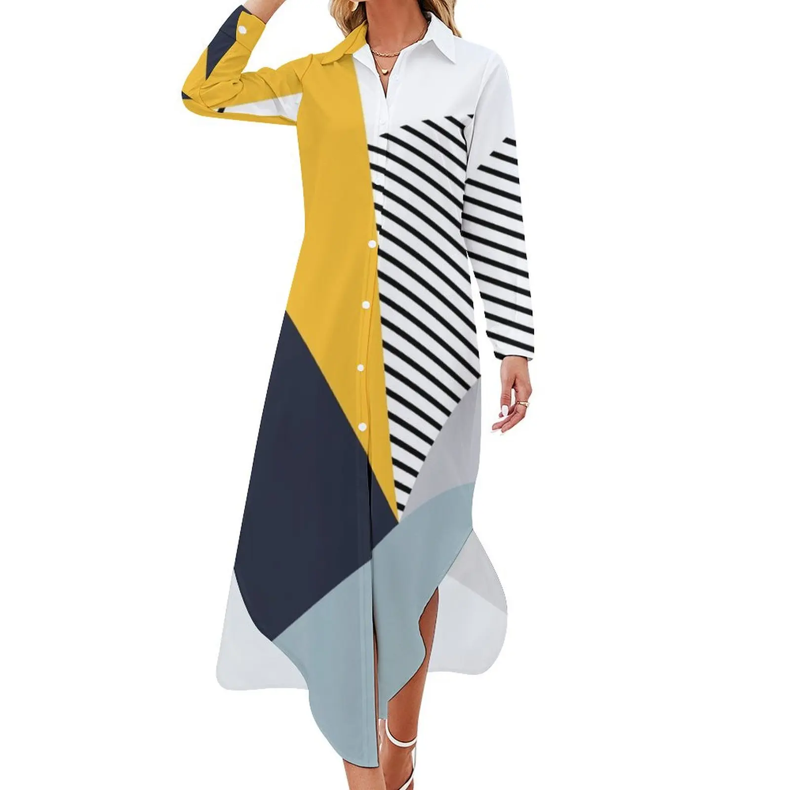 

Abstract geometric design Long Sleeved Shirt Dress women's evening dresses dress for woman