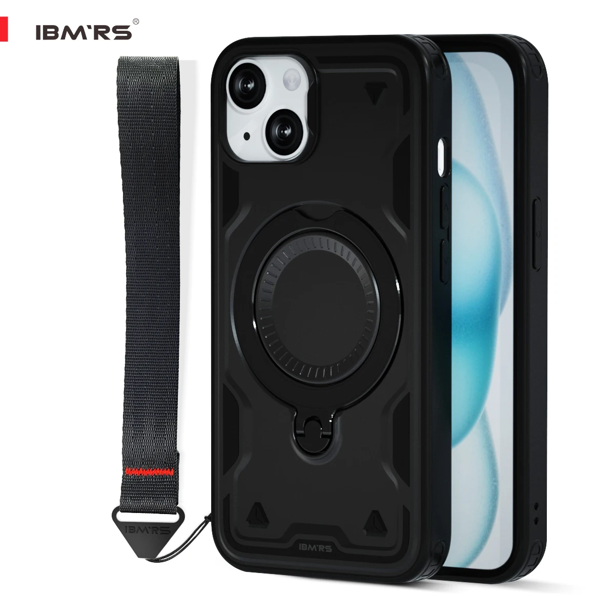 

IBMRS for iPhone 15 Magnetic Case, Shockproof with Stand & Lanyard, PC+TPU Dual Layer Heavy Duty Cover