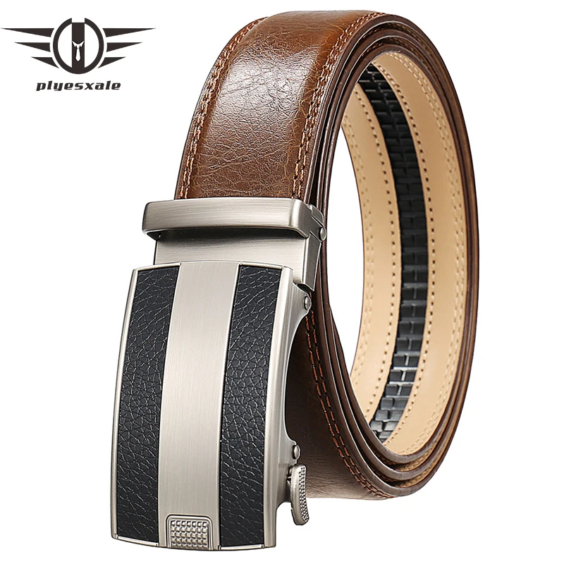 

Plyesxale Tan Brown Men Leather Belt Metal Automatic Buckle Brand High Quality Luxury Belts For Men 2026 Business Mens Belt B954