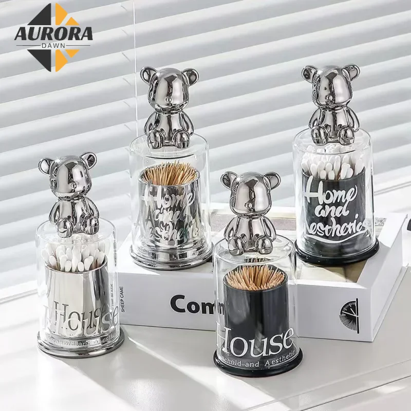 Luxury Toothpick Dispenser Cotton Swab Box With Lid Clear Storage Containers Case Bear Holder Moden Decoration Home Item Table