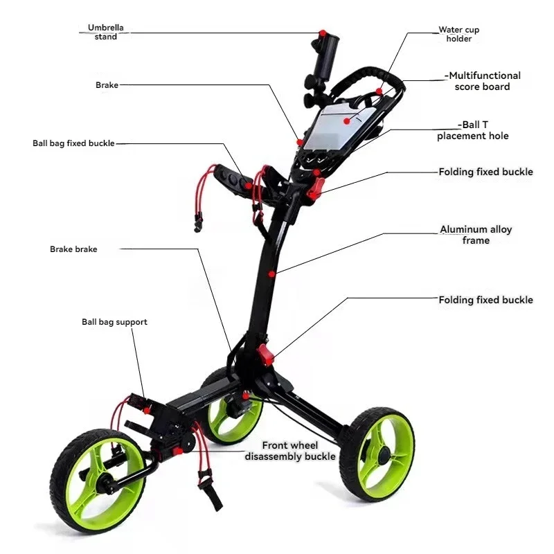 Folding three-wheeled golf bag cart, golf bag push trolley, foldable and detachable aluminum alloy portable cart.