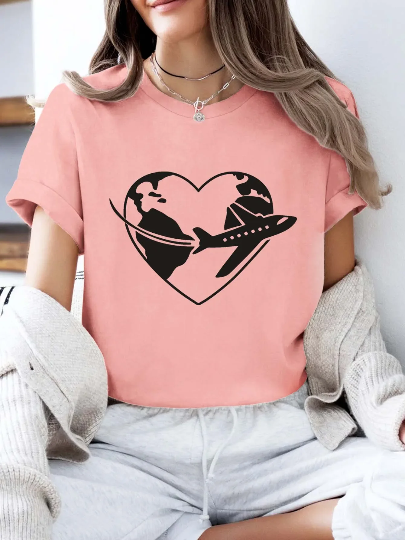 Travel - Themed Heart & Plane Tee - Globe-loving  Short - Sleeve Shirt Women Clothing Fashion Graphic T Shirts Summer Streetwear