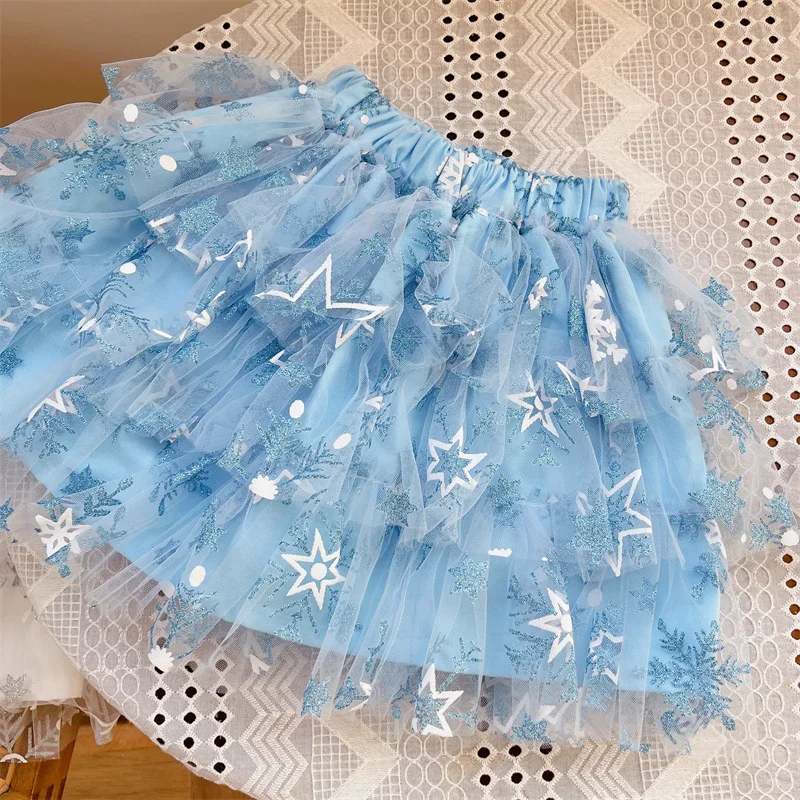 Kids Clothes Baby Girls Skirt Snowflake Sequin Tutu Dress Toddler Girl Kawaii Lolita Blue Skirt Princess Birthday Party Skirts