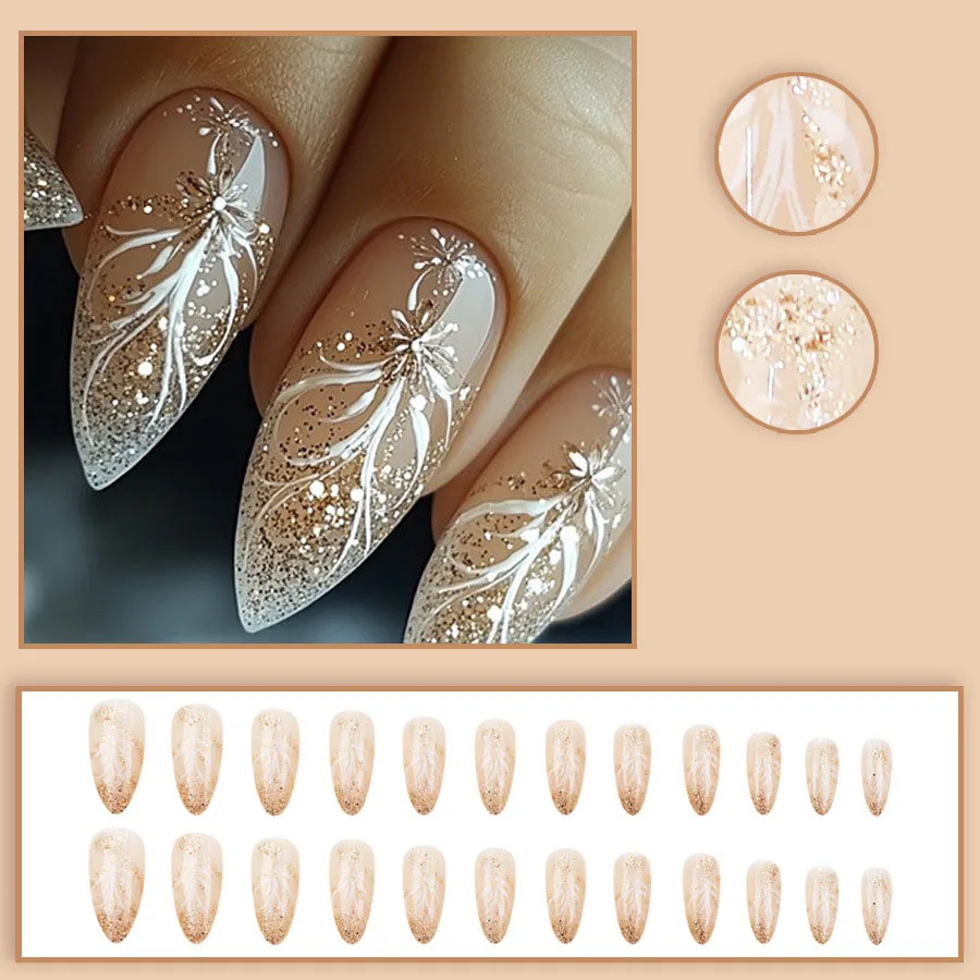 24 ピース/セットショートミディアム偽爪女性女の子グラデーション光沢のあるグリッターハートフレンチスクエアアーモンドヒントプレス偽爪