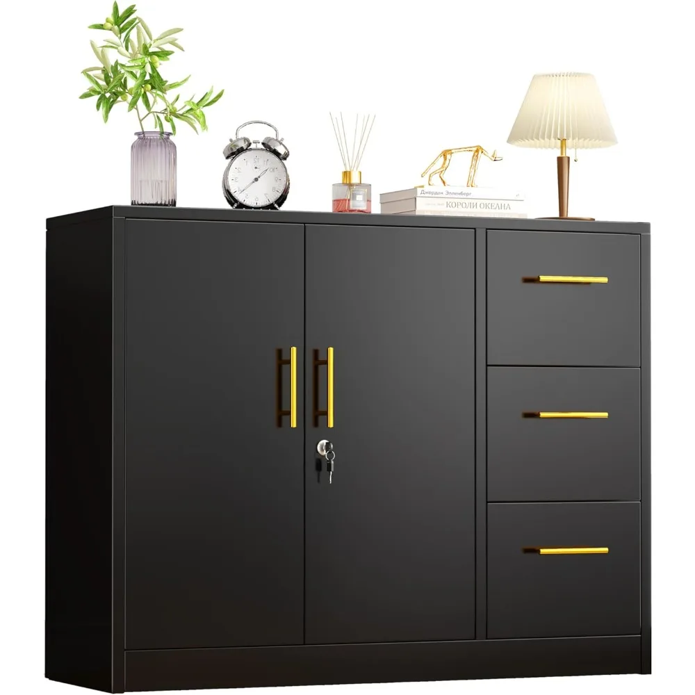 

Buffet Sideboard Cabinet with Storage, 36.61" H Kitchen Storage Pantry Cabinet with 3 Drawers, Metal Cupboard Coffee Bar Station