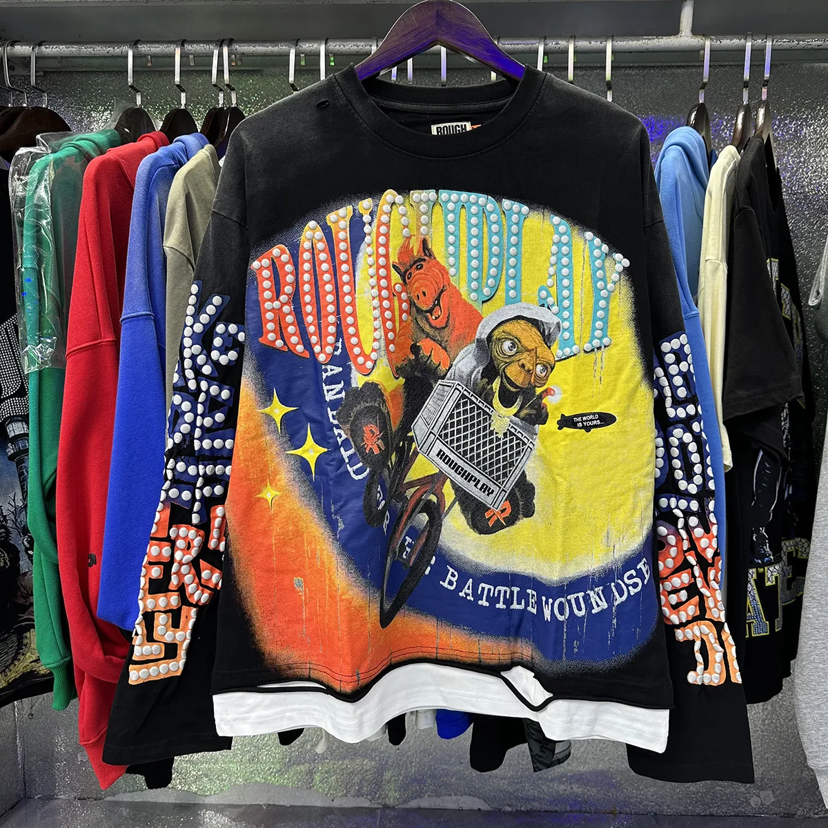 Rough Play American INS Retro Monster Trendy Brand Washed Cotton Long Sleeve T-Shirt Splicing Hole Pure Cotton Street Style