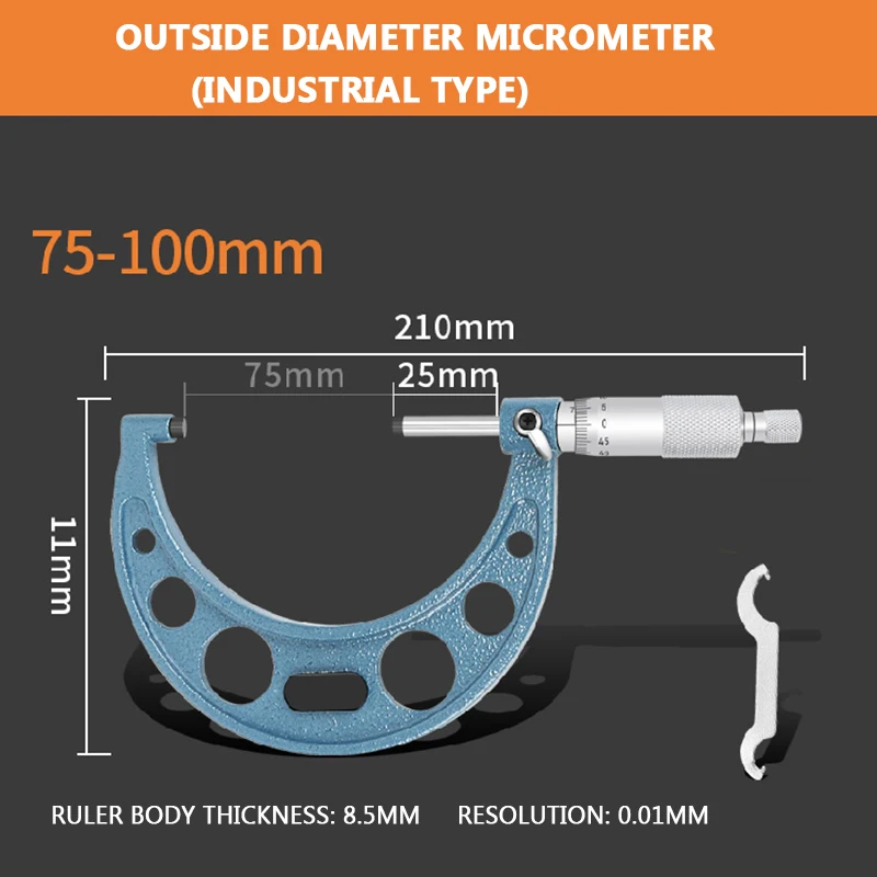 Outside diameter micrometer 0-25-50-75MM mechanical outside diameter measurement spiral micrometer instrument centimeter caliper