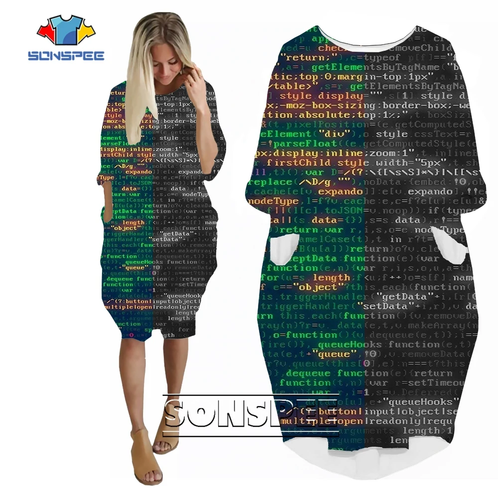 SONSPEE Hot Sale Code Programming Graphic 3D Print Women's Long Sleeve Skirt Lady Computer Program Harajuku Street Leisure Robe