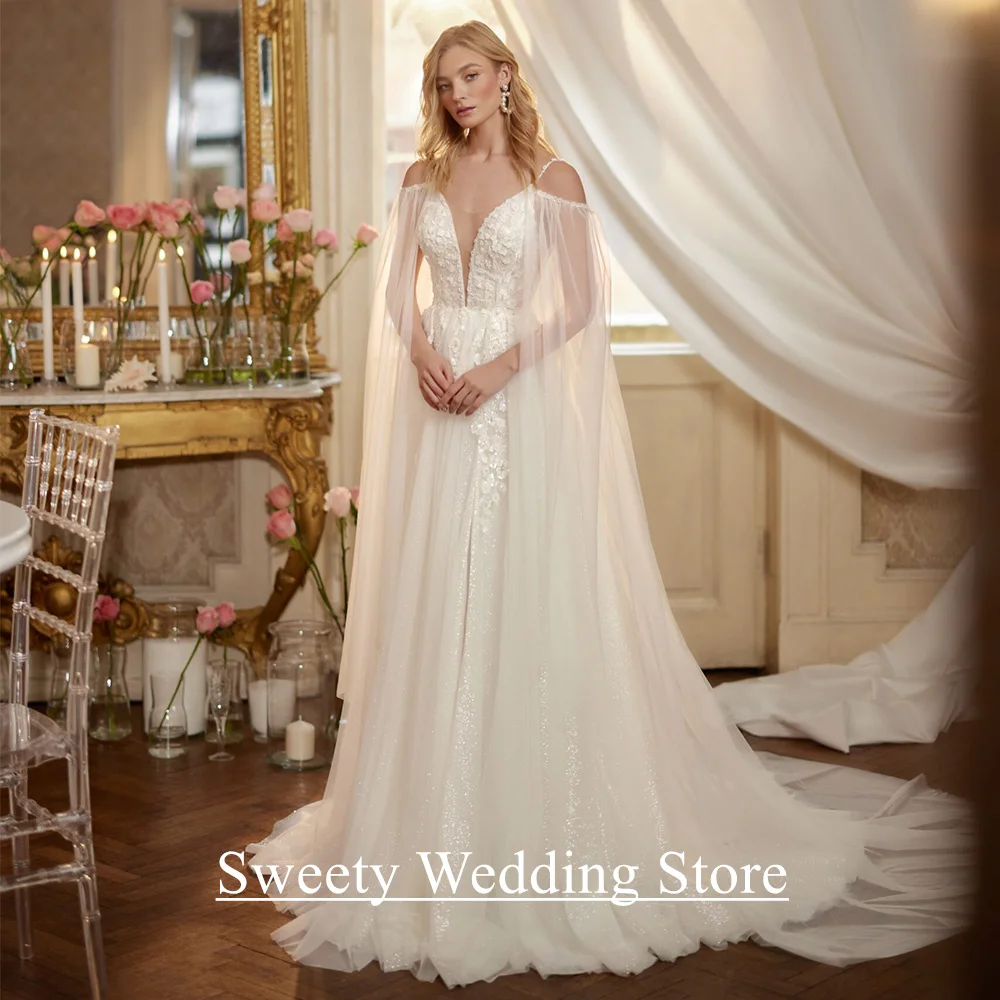 Ivory Wedding Dress Customized Sexy Spaghetti Straps V Neck Beading Applique Sparkling Tulle A Line Bridal Gown with Cape