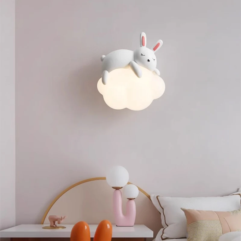 Cute Children\'s Room Bedside Wall Lamp Bear Rabbit Cloud Lamp Creative Cream Style Baby Room Nursery Boy Girl Bedroom Wall Light