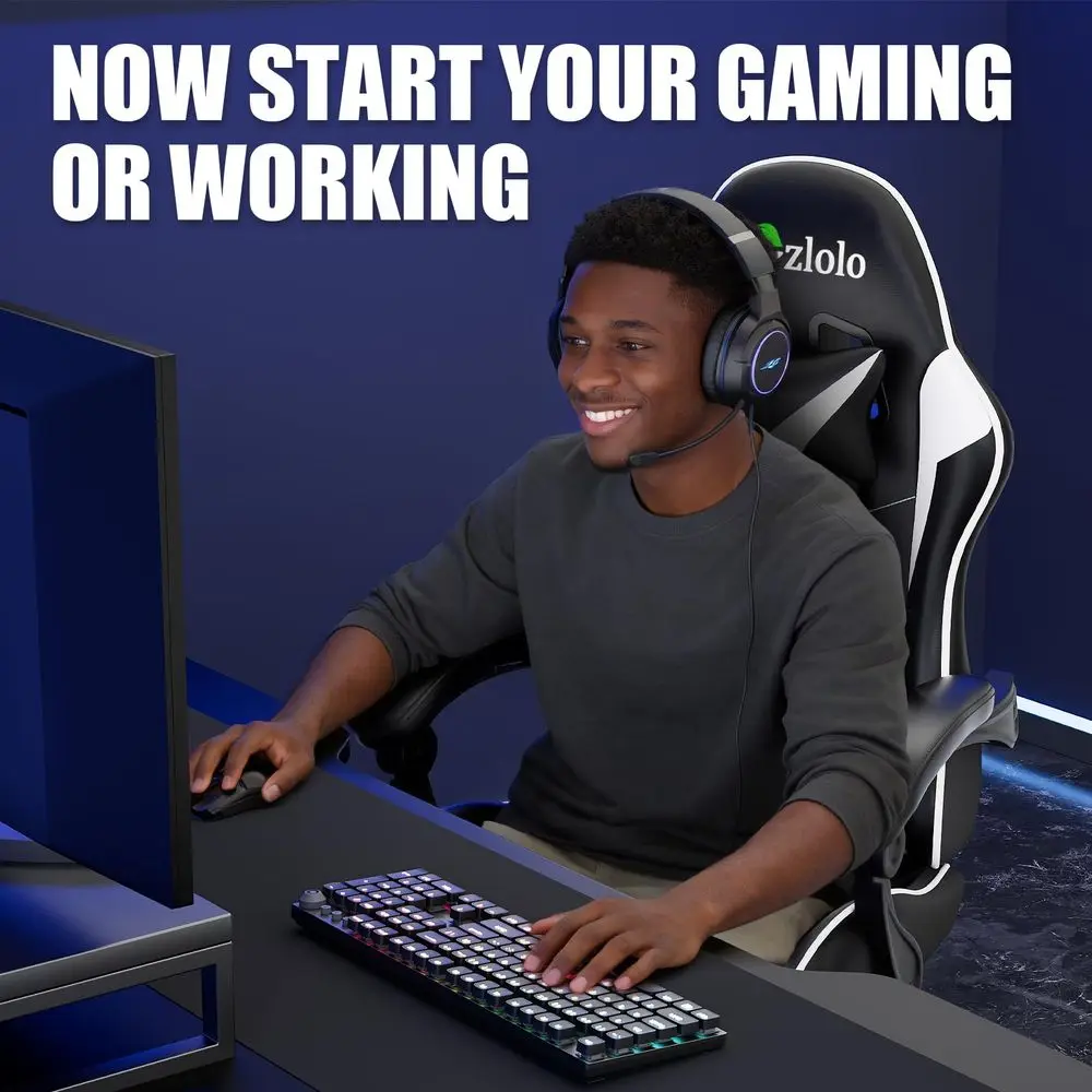 Chair with Footrest Racing Style Lumbar Support Massager Video Game Chair with Metal Legs, High Back Reclining Gamer Chair with