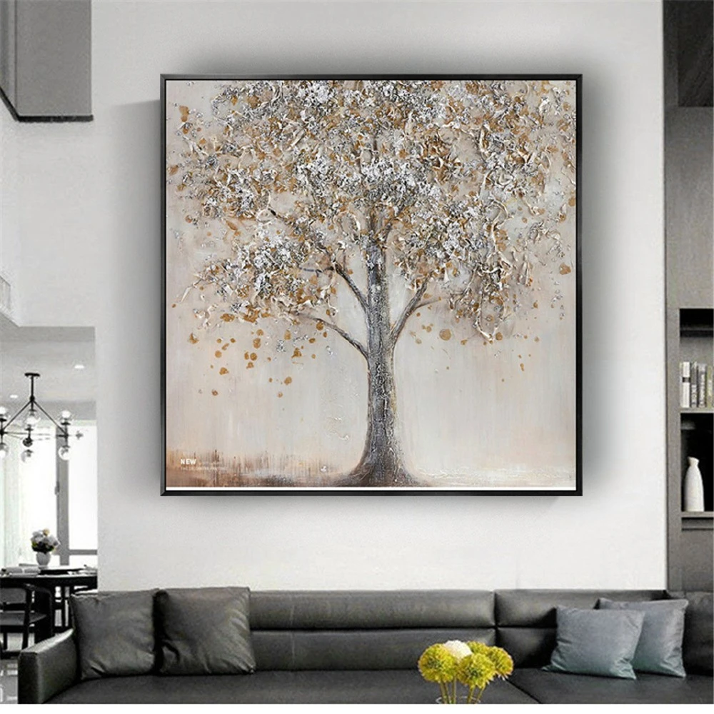 2025 جديد اليدوية Gloden الأصفر مجردة الأشجار النفط اللوحة ديكور المنزل قماش رسم جدار صورة فنية عمل فني الاكريليك
