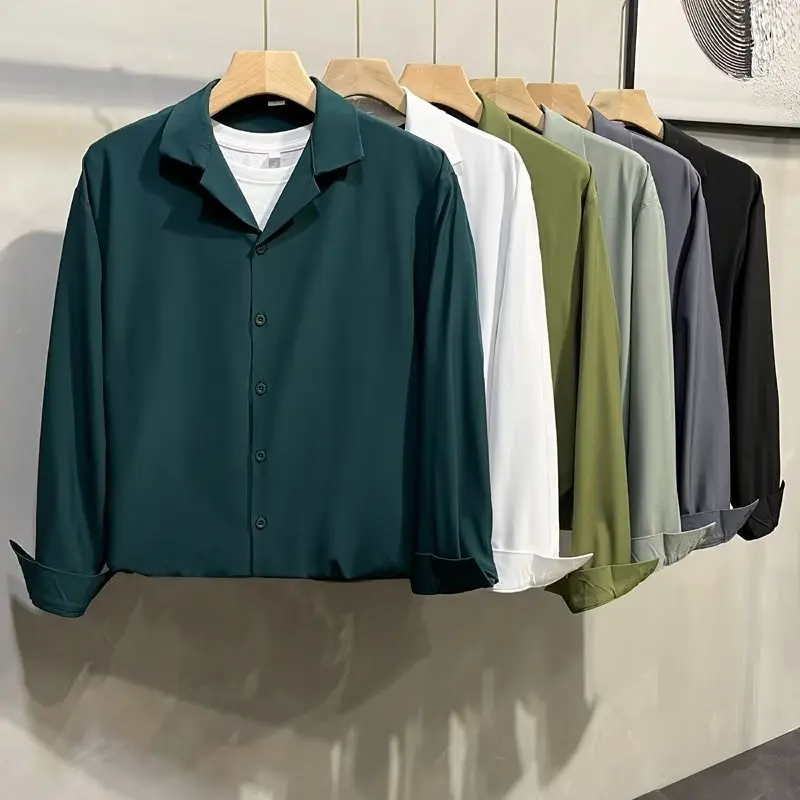 

Мужская рубашка с кубинским воротником и длинным рукавом, тонкая, немнущаяся, не требующая глажки, из эластичного ледяного шелка, повседневная