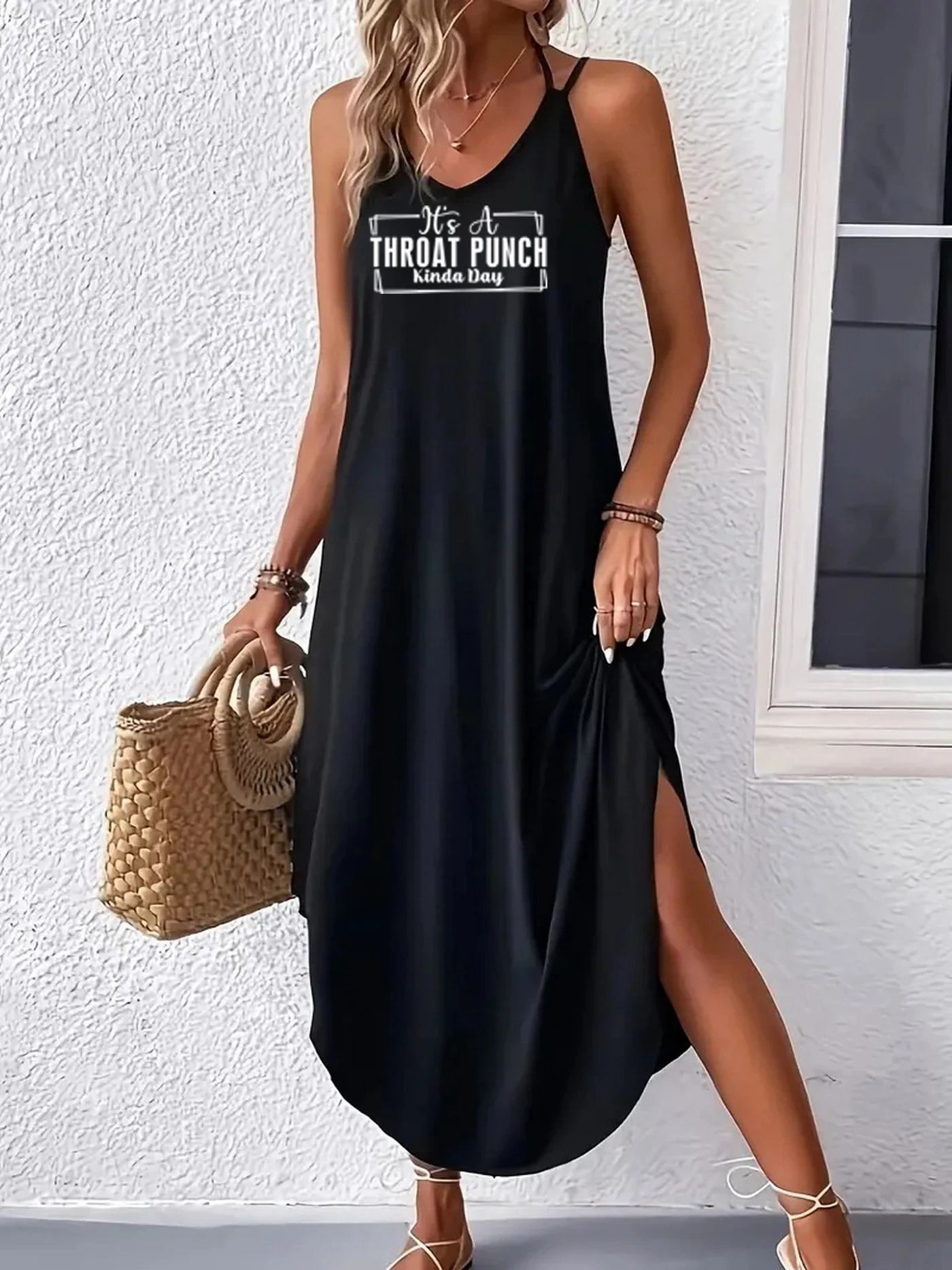 

letter Print Curvy Hem Cami Dress Sexy Sleeveless Spaghetti Strap Loose Maxi Dress Women's Clothing