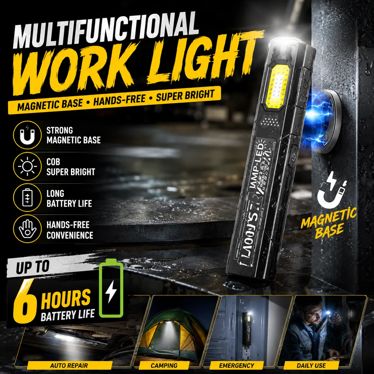 

LED COB Work Light 5 Modes Strong Magnetic Base Hands-Free Lighting Long Lasting Rechargeable Portable Mechanic Repair Lamp