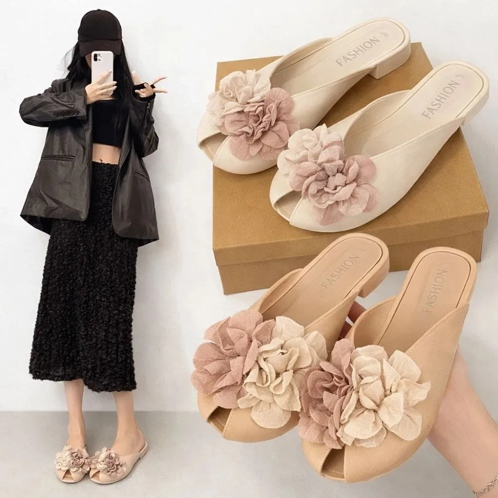 

3D Flowers Women's Slippers Sweet Non-Slip Summer Beach Sandals French Style Lightweight Platform Slippers Everyday Outfits