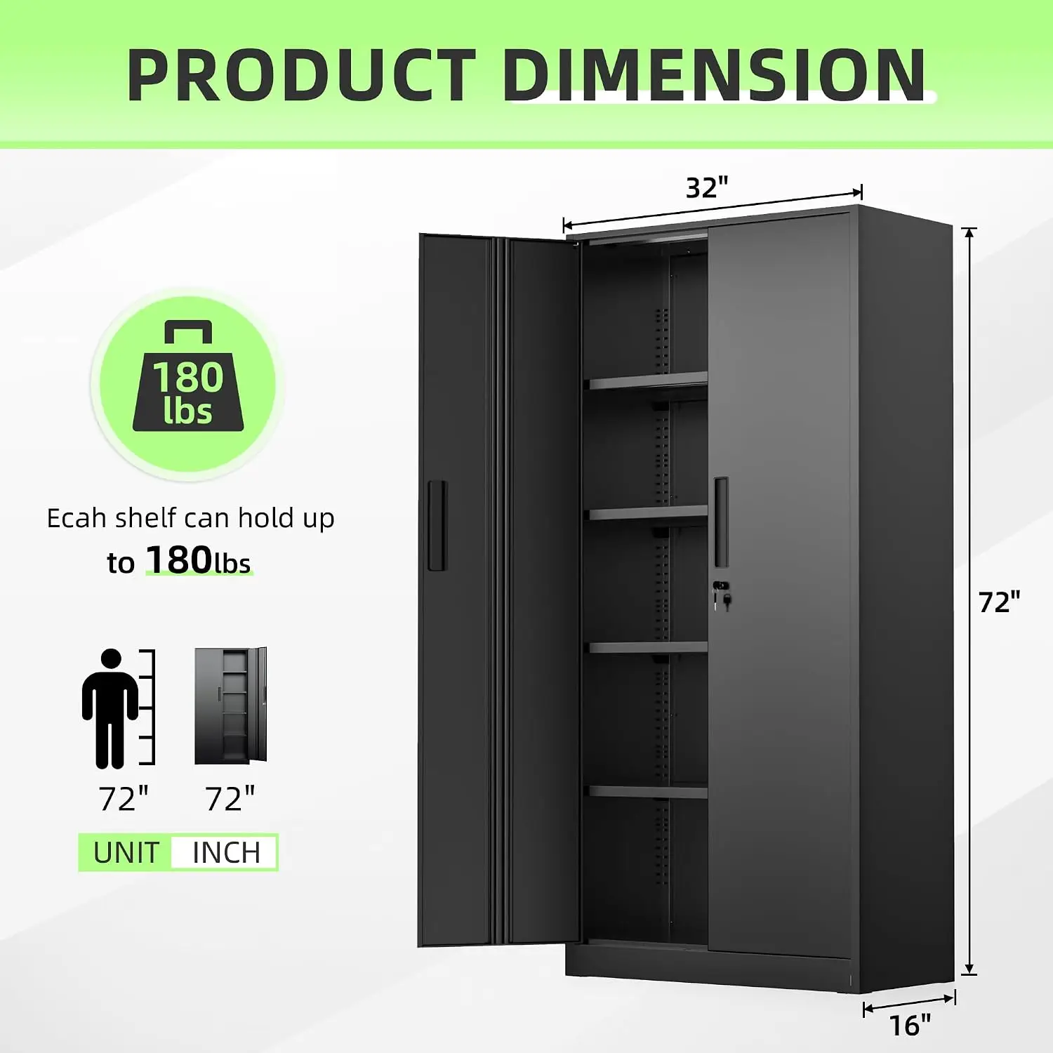 Tall Metal Storage Cabinet Organizer, Locking Steel Utility Cupboard With Four Adjustable Shelves, Heavy Duty Floor Standing Locker For Warehouse Home Office, Modern Black Furniture view 4