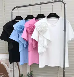 3D Flowers Ruffles Stitch maglietta a maniche corte in cotone Femme t-shirt Casual allentata per donna top Tees bianco rosa nero blu