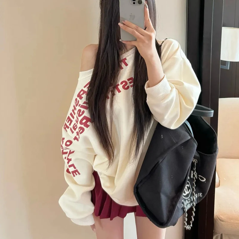 Slant Shoulder Letter Sweatshirt Women American Thin Hot Loose Thin Spring Fall Lazy Harajuku Y2K Pullover Hip Hop Jazz Tops