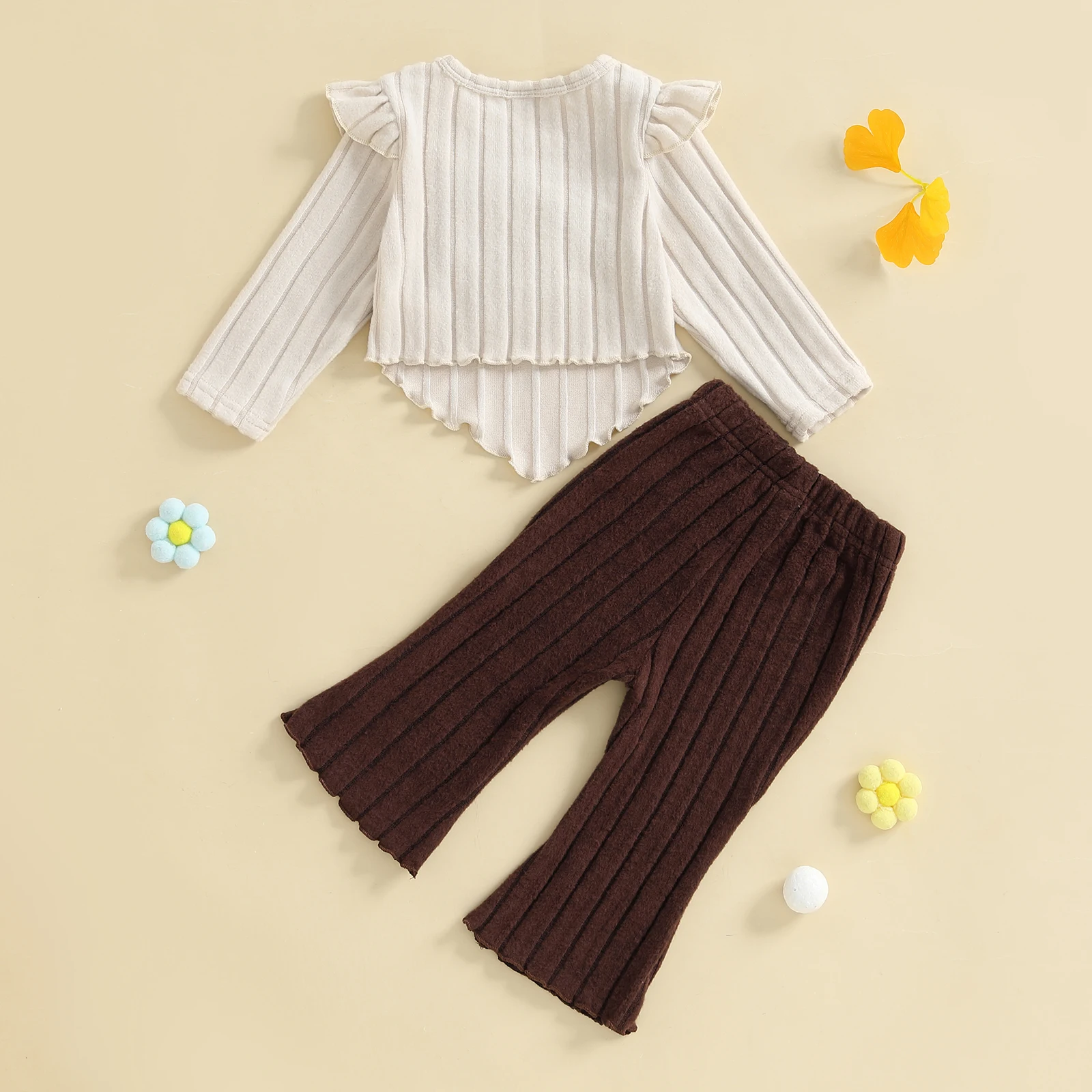 0-3Y Toddler Girl Fall Outfits Crochet Flower Long Sleeve Round Neck Pullover + Elastic Waist Ribbed Flare Pants 2 Pcs Set