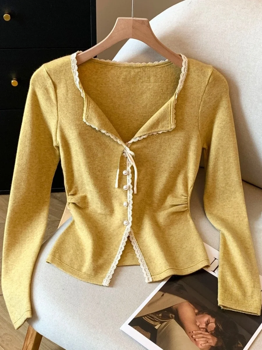 الرغبة النقية الدانتيل V-Ne طويلة Sve محبوك سترة مفتوحة المرأة ort Sle الخريف جديد الحفاظ على الذات زر الديكور