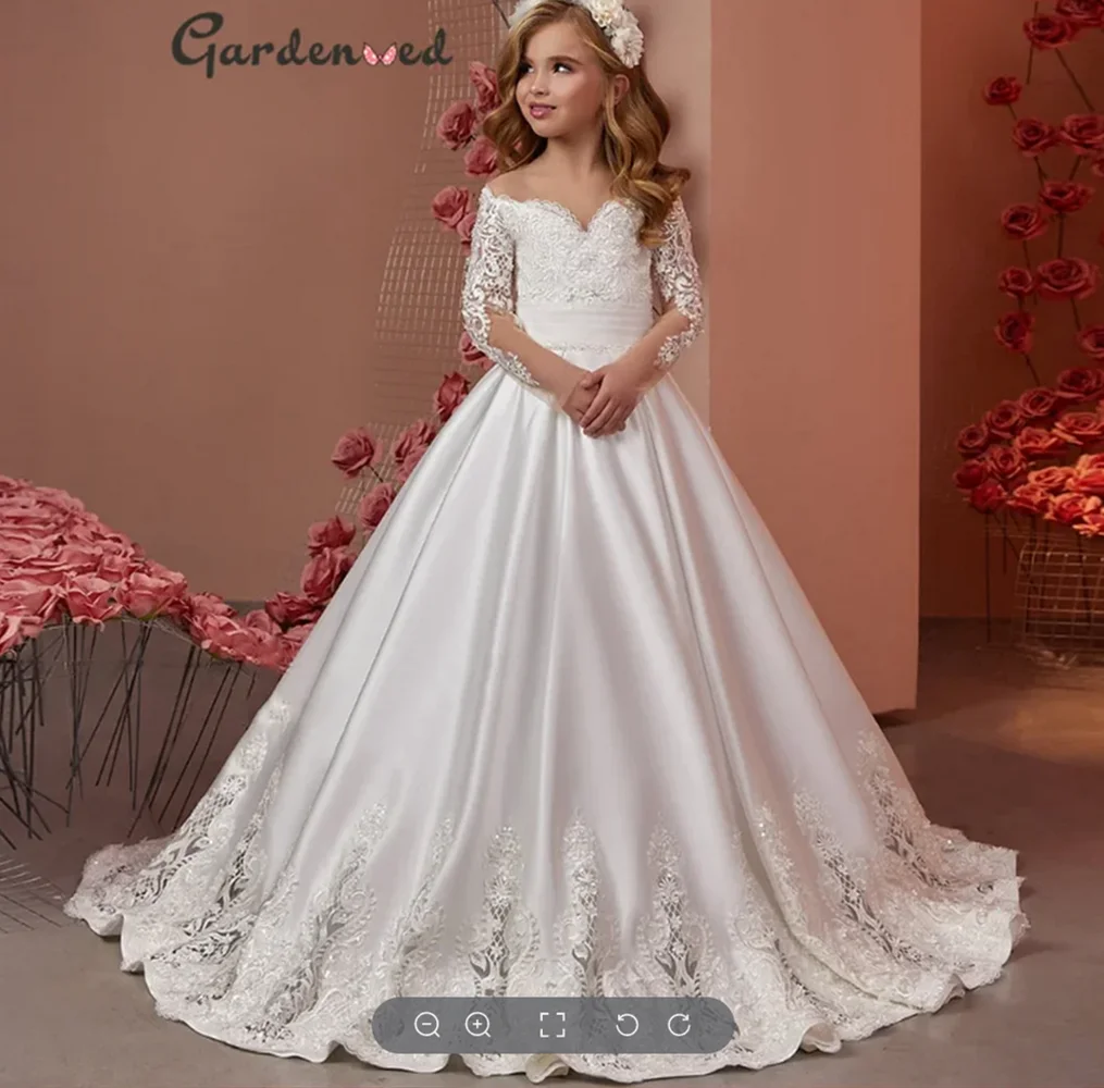 Elegant satin Flower Girl Dresses Appliques Long Princess Party Pageant First Communion Dresses