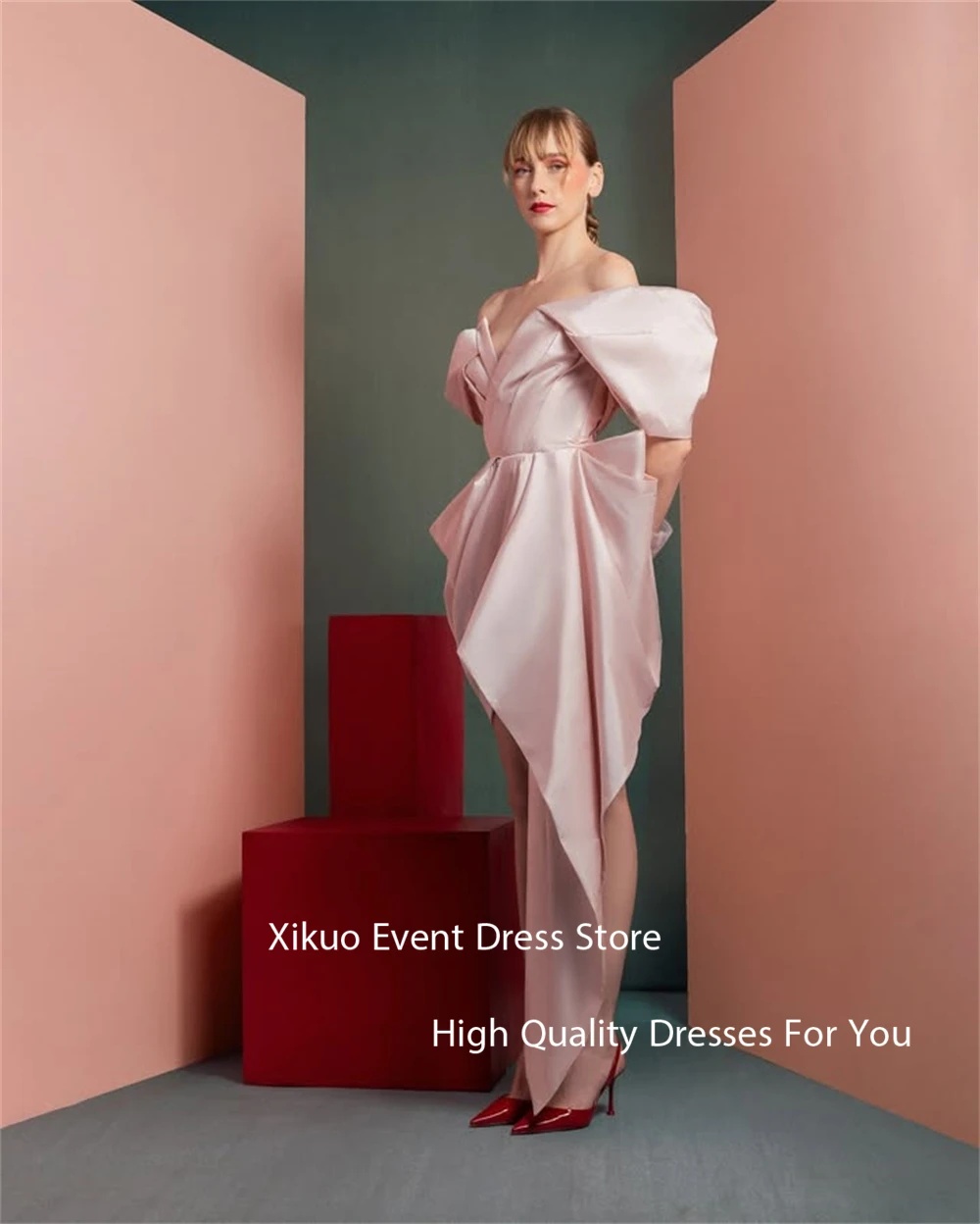 Xikuo gracioso rosa cetim vestido de festa de baile com decote em v sob medida ocasião vestidos de noite acima do joelho cocatail vestidos de noite personalizados