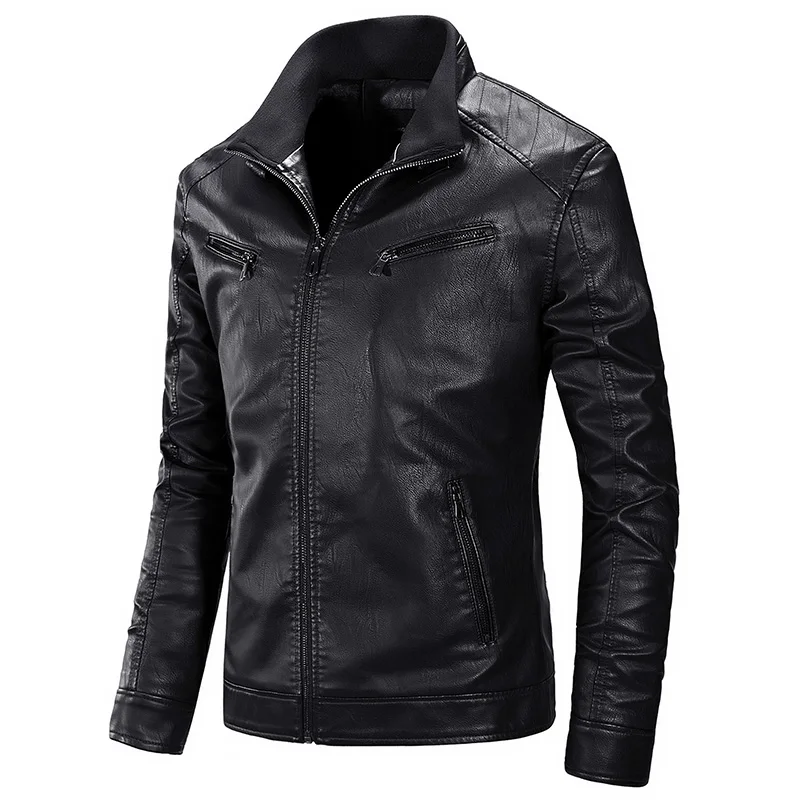 New PU Leather Jacket Men's Stand Collar Solid Color Casual Slim Motorcycle Wear Flight Suit 2023 Autumn