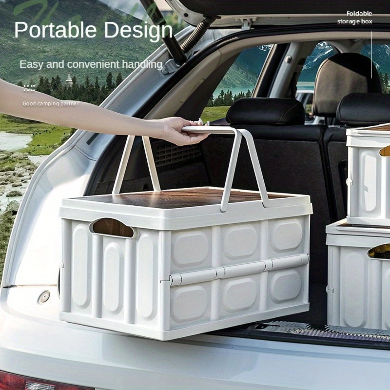 1pc White Small Foldable Picnic Basket, Plastic  With Double Swing Handle, Collapsible Space-Saving, Portable Design For Outdoor