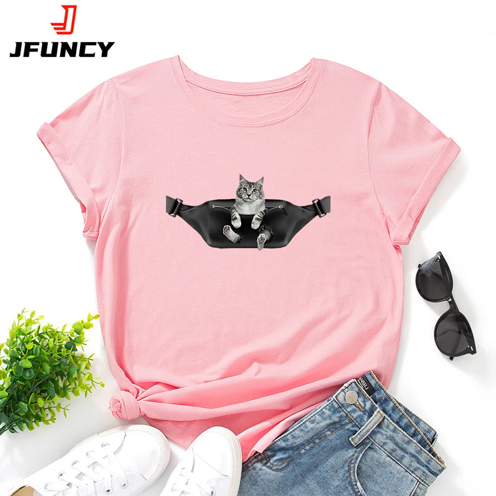 

JFUNCY Cute Cat Printed Oversized T-shirts Women's Fashion Tee Shirts 2024 Woman Short Sleeve Tshirt Tops Summer Female Clothing