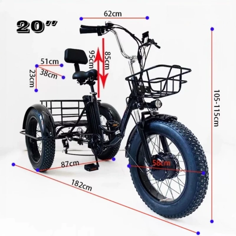 20 Inch Foldable Fat Tire Electric Tricycle 48V Lithium Battery Pedal Assist Dual Purpose Snow Wide Fat Tyre Black