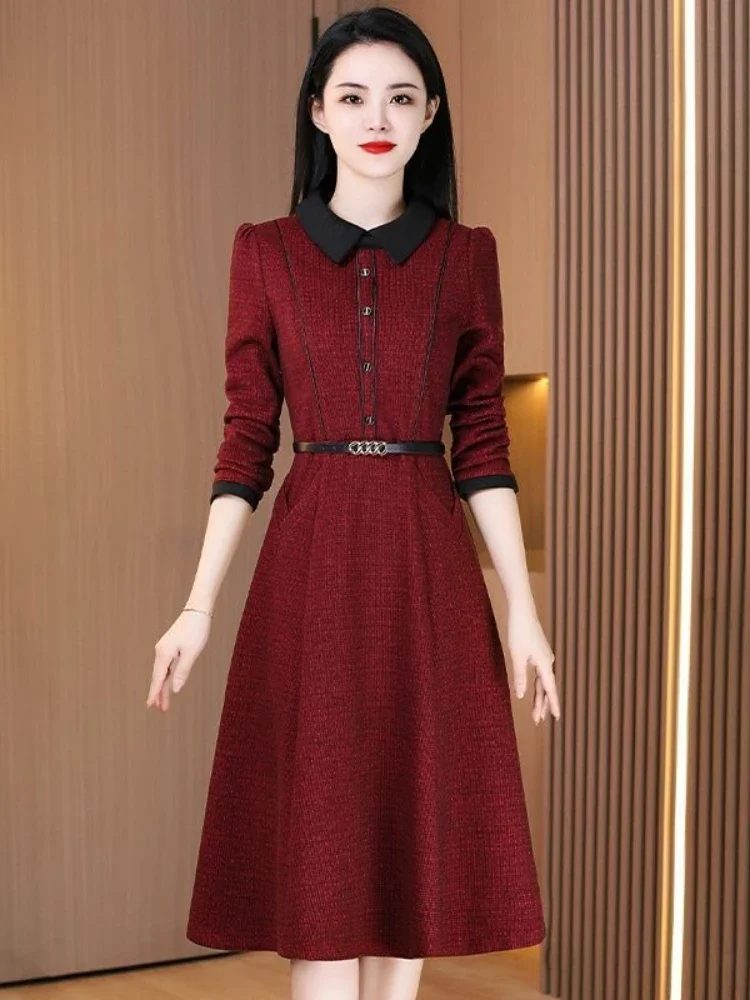 2024 New High Quality Women Button Tweed Fabric Dress Autumn Winter Patchwork Long Sleeve Ladies Office Midi Vestidos With Belt