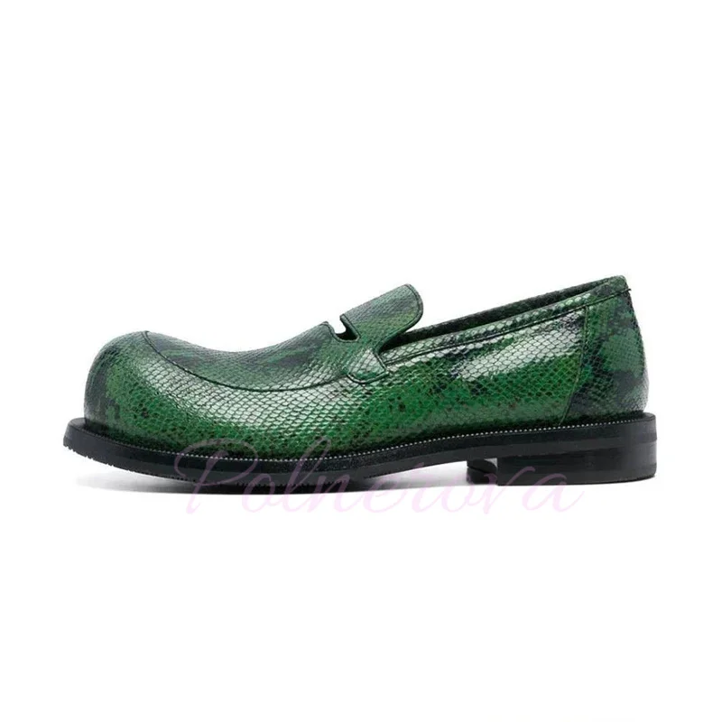 Men Round Toe Slip On Loafers Black Green Snake Pattern Chunky Casual Shoes Flat Man Shoes Office Wedding Brand Shoes for Males