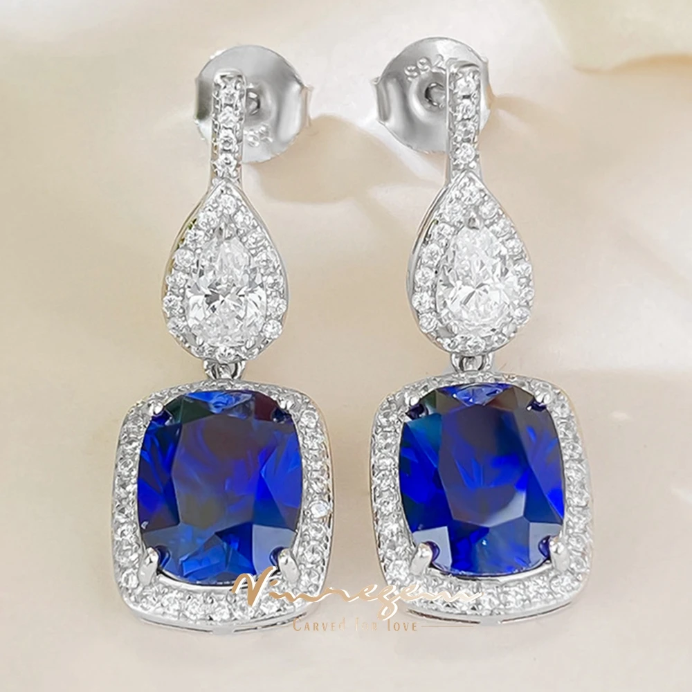 Vinregem 8*10 MM Sapphire High Carbon Diamond Gemstone Drop Dangle Earrings 100% 925 Sterling Silver Fine Jewelry Wedding Gifts