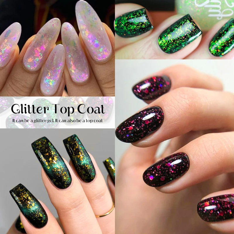 2 IN 1 Chameleon Glitter Top Coat Aurora Brocade Powder Gel Nail Polish For Manicure Soak Off UV Gel LED Varnish Nails Art DIY