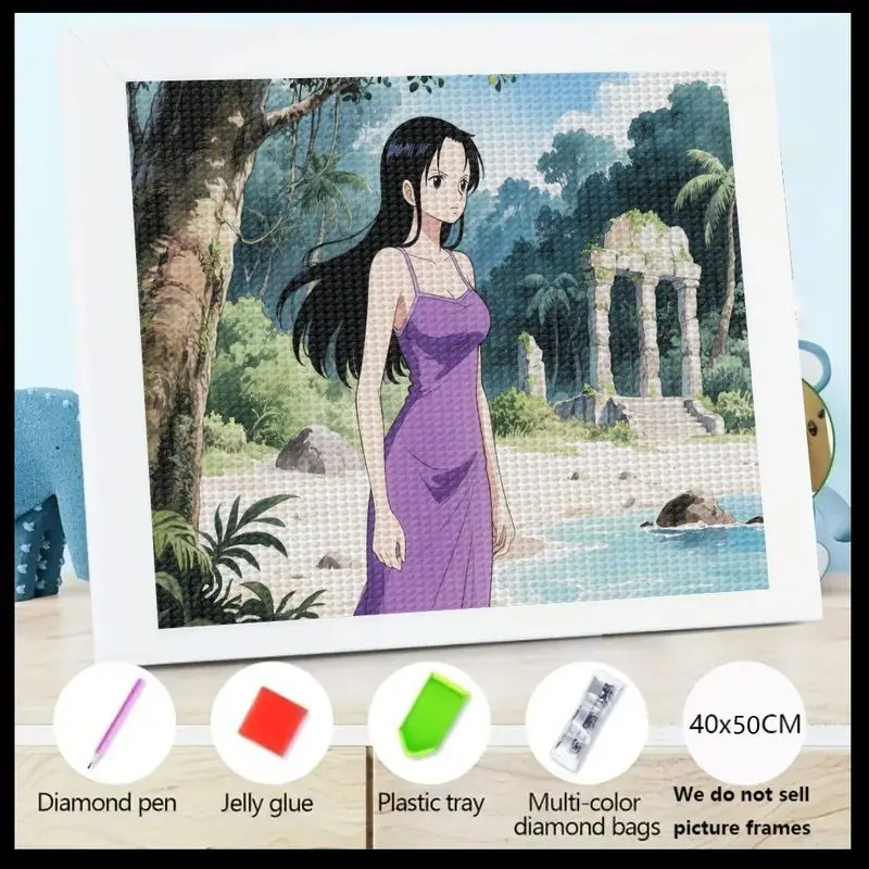 

1 шт., 5D полный дрель, набор для алмазной живописи «сделай сам», элегантное аниме-женщина в фиолетовом платье от тропического моря с древними руинами, 40x50 см