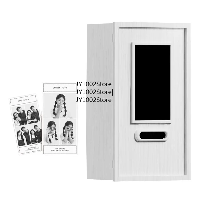White Receipt Photo Booth Compact Instant Print Self Service Photo Kiosk Wi-Fi Touch Screen Wooden Material for Cafes Pop Stores