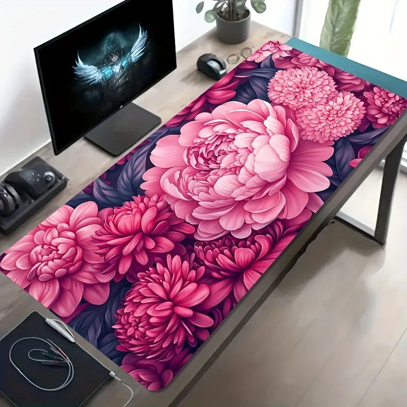 1pc Large Gaming Mouse Pad Non-Slip Rubber Base Extra Long Washable Desk Mat Pink Purple Floral Pattern Durable Computer Mat for