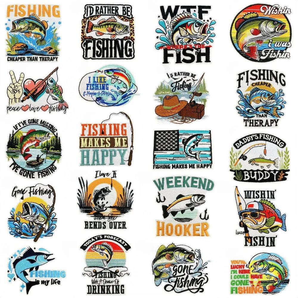 Cartoon Letters Theme Fishing Embroidery Patch DIY T-shirt Backpack Iron on Patches Applique Sewing Cloth Sticker Decor Repair