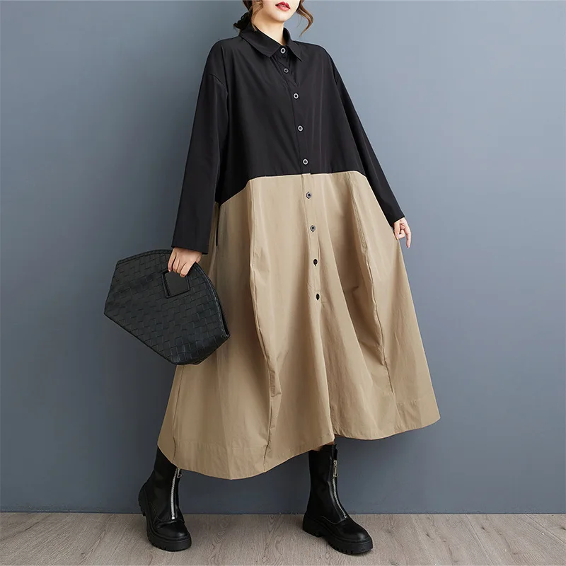 #2621 Spliced Color Asymmetrical Long Shirt Dress Women Loose Single Breasted A-line Midi Dress Ladies Long Sleeve Streetwear