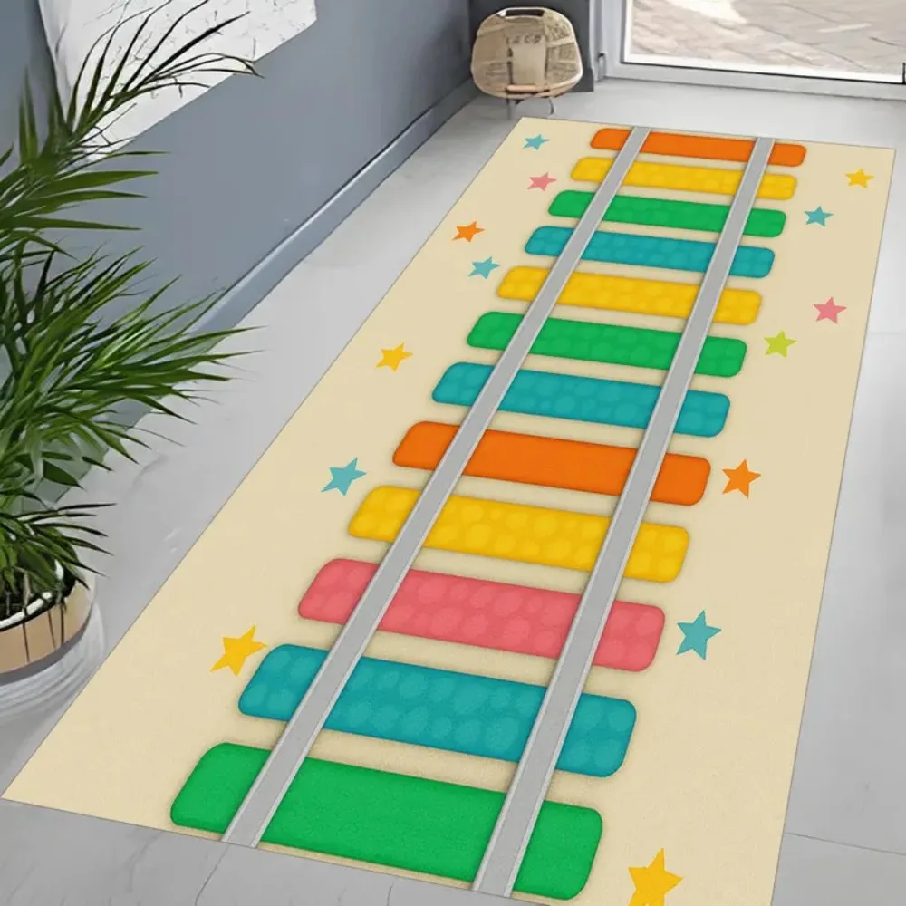 Rainbow Train Track Rug Fun Kids Playroom Carpet Nursery Decor Bedroom Bedside Hallway Living Room Porch Balcony Floor Mat Decor