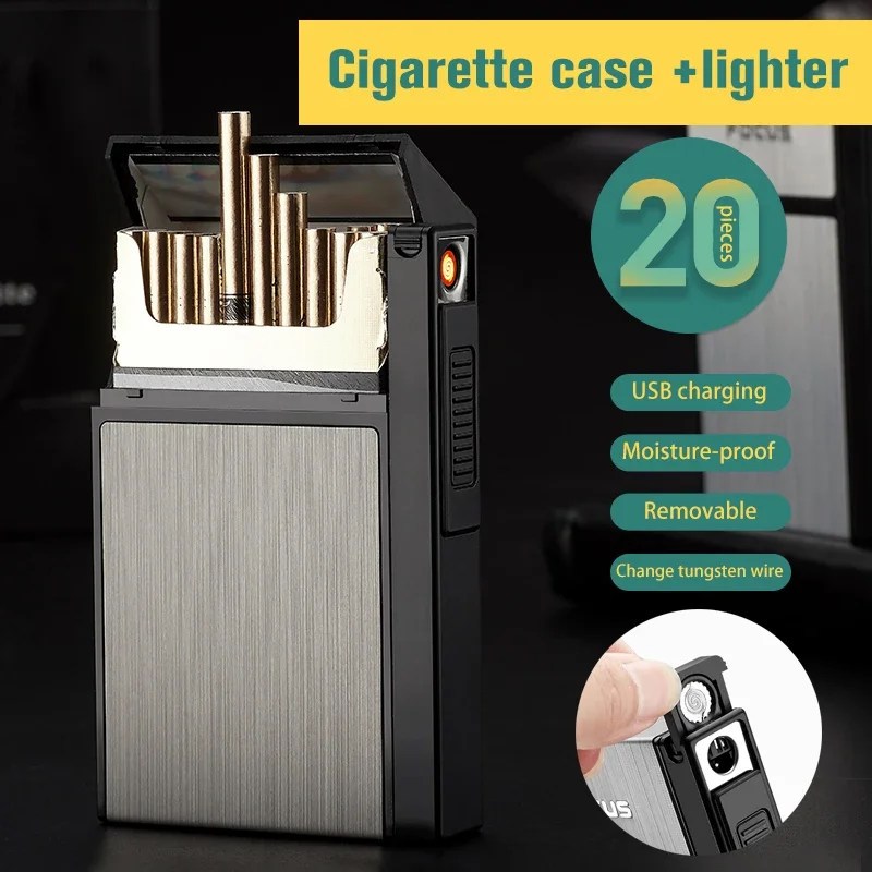 Removable Cigarette Case Box With USB Electronic Lighter for Slim 20pcs Holder Tobacco Windproof Tungsten Plasma Arc Lighter